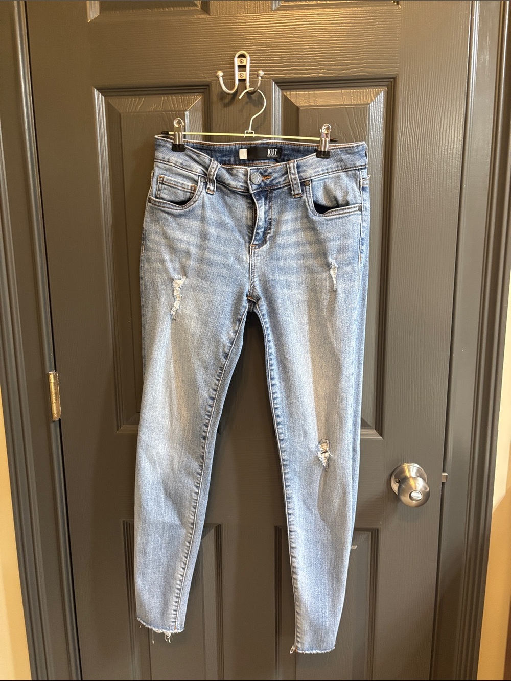 Kut from the Kloth Light Wash Skinny Jeans with Distressed Details